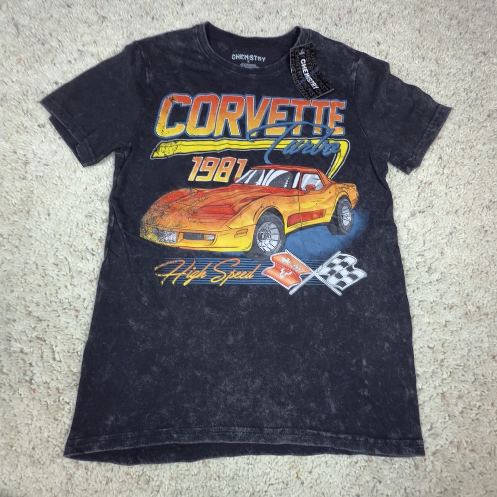 NWT Chemistry Corvette 1987 Graphic T-Shirt Black Acid Wash Racing Car Tee Small